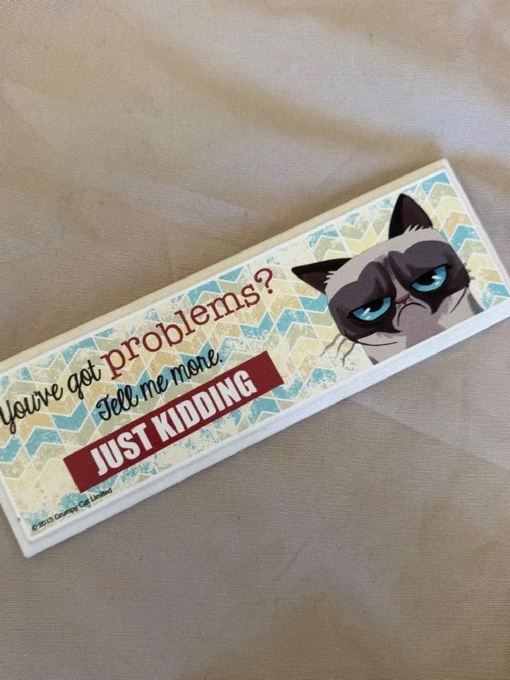 'Just Kidding' Cat Sign - Blue and Beige